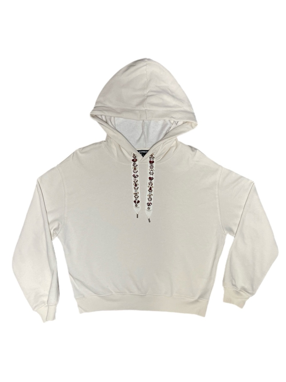 LIKE NEW! Express Rhinestone Gems Drawstring White Hoodie